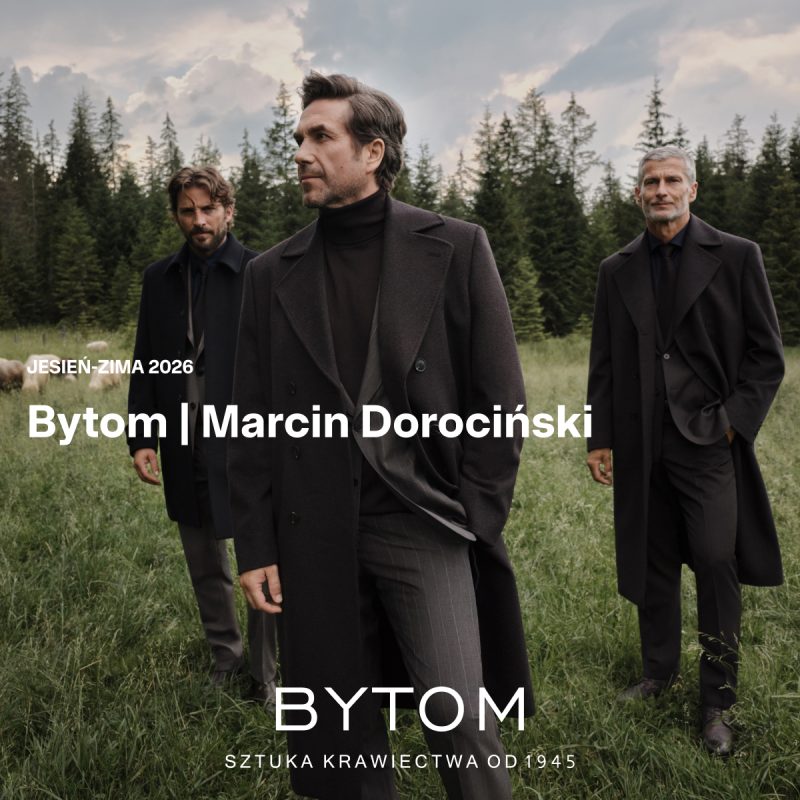 Plakat promocyjny marki Bytom w Galerii Echo – Marcin Dorociński i modele w kolekcji męskiej Jesień-Zima 2026.