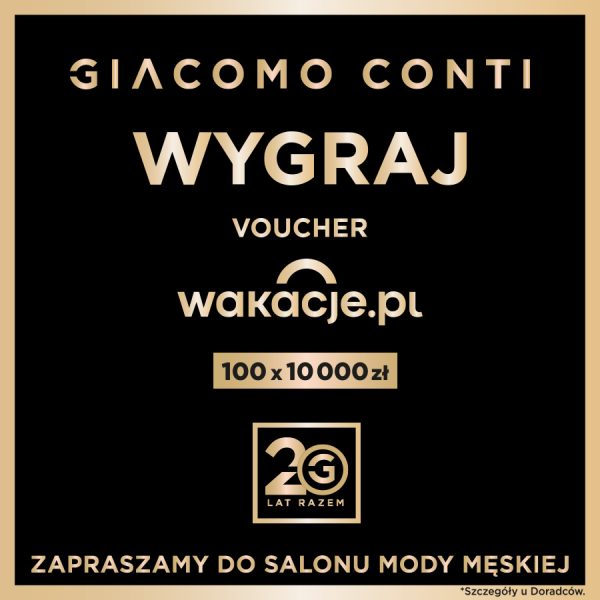 Grafika utrzymana jest w czarnej kolorystyce i zawiera informację o szansie zdobycia vouchera o wartości 10 000 zł do wykorzystania w serwisie wakacje.pl