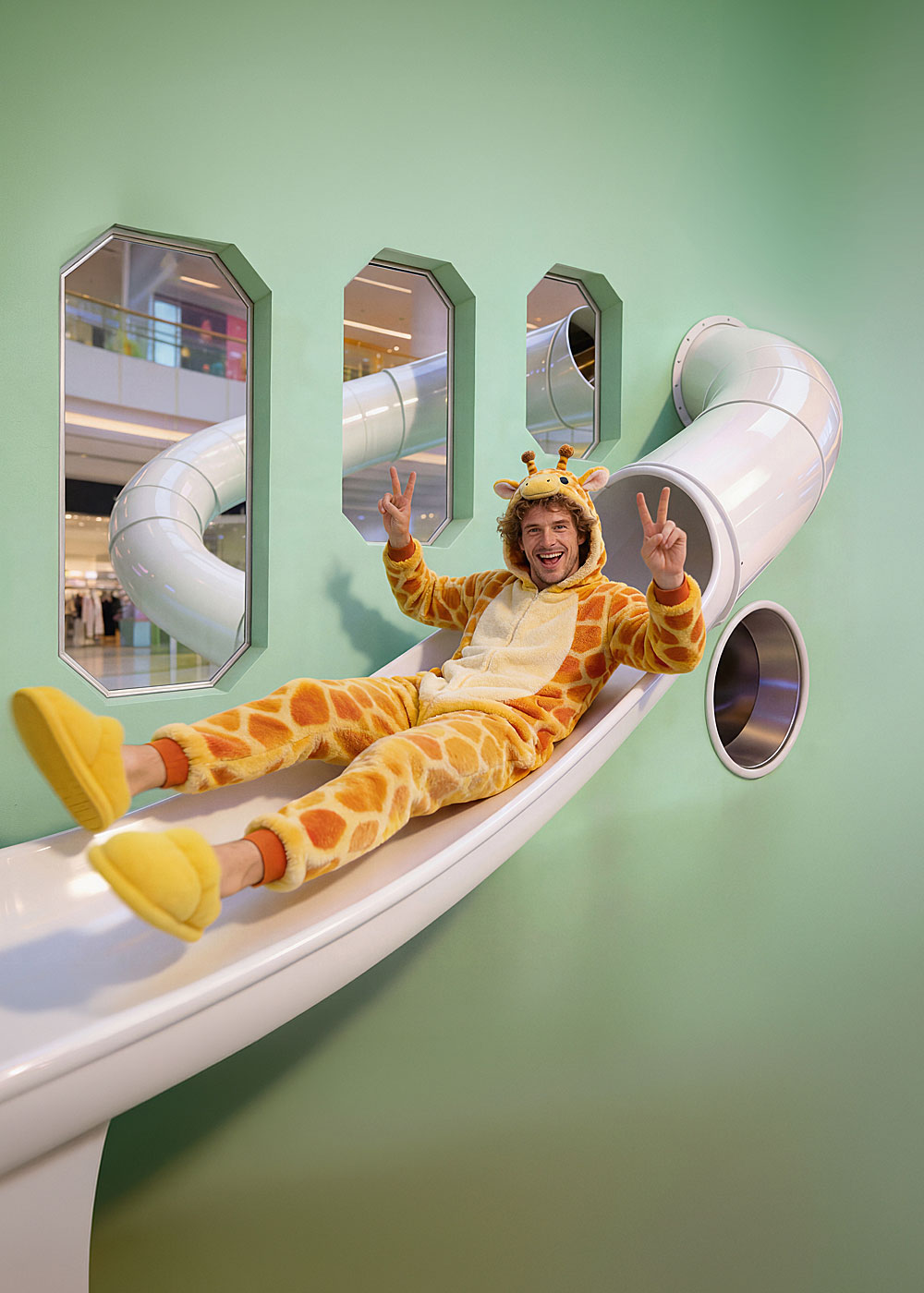 Osoba w kolorowym szlafroku zjeżdżająca ze zjeżdżalni w Galerii Echo podczas wydarzenia Echo Slide Challenge.