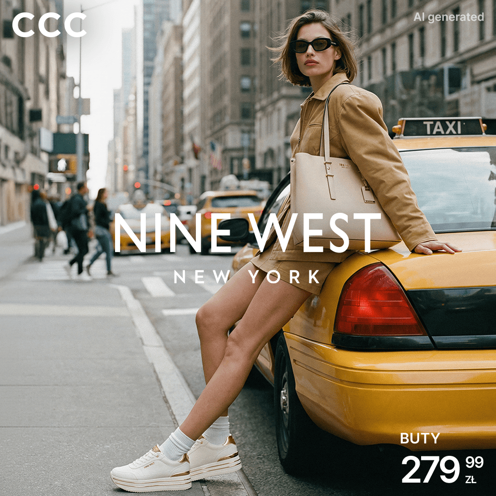 Grafika promocyjna sklepu CCC, najnowszej kolekcji NINE WEST. Na zdjęciu widać kobietę opierającą się na żółtej taksówce w środku miasta Nowy Jork. Ma na sobie buty z najnowiej kolekcji.