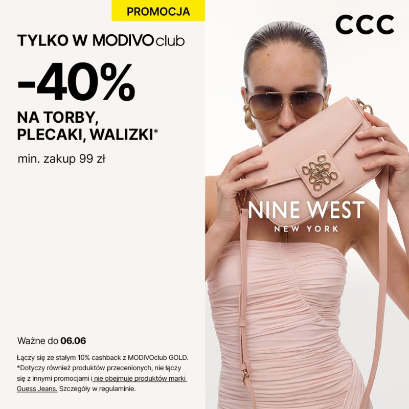 Grafika promocyjna sklepu CCC informująca o zniżce 40% na asortyment toreb przy zakupach za min. 99 zł dla klubowiczów MODIVOclub.