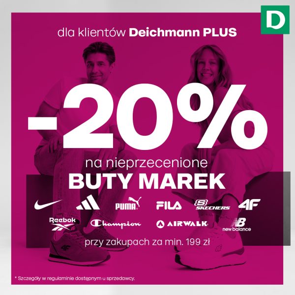 Grafika promocyjna sklepu Deichmann informująca o zniżce na buty markowe. Akcja obowiązuje w terminie 22.04–03.05.2026 r.