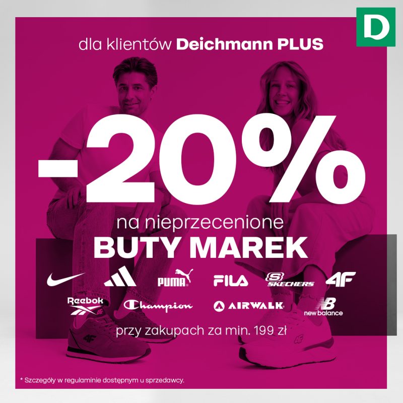 Grafika promocyjna sklepu Deichmann informująca o zniżce na buty markowe. Akcja obowiązuje w terminie 22.04–03.05.2026 r.