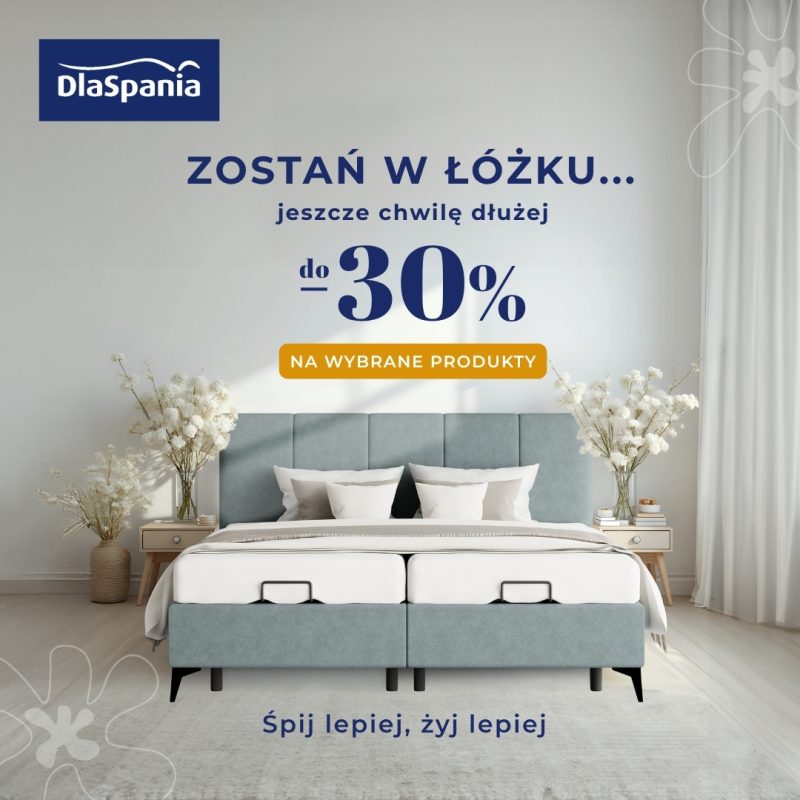 Nowoczesna sypialnia z łóżkiem i materacem marki DlaSpania. Informacja o promocji do -30%