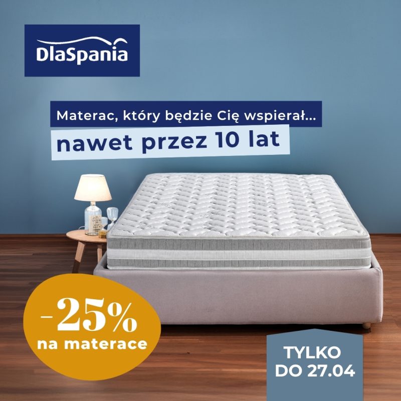 Grafika reklamowa salonu DlaSpania informująca o weekendowej promocji -25% na materace do 27 kwietnia.