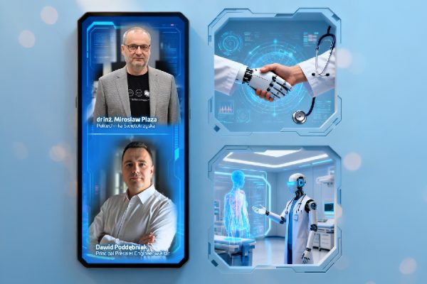 Grafika promująca wydarzenie Echo Nauki w Galerii Echo – robot i dłoń ludzka w geście współpracy.