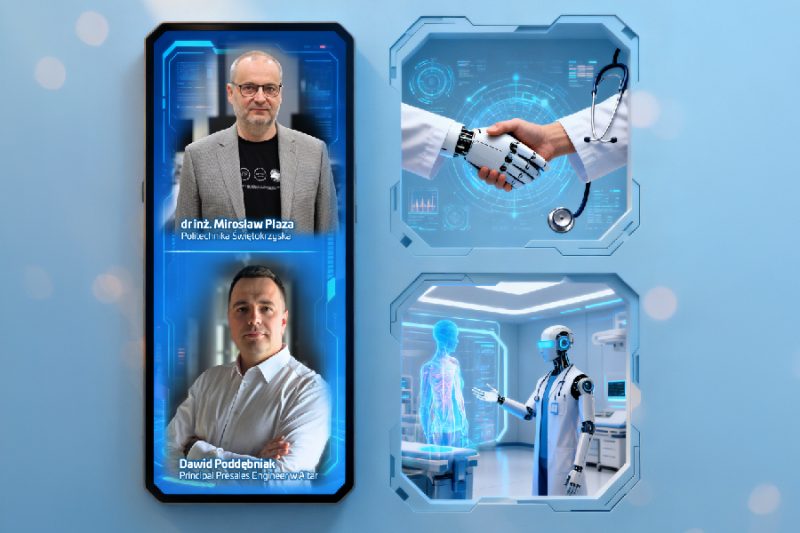 Grafika promująca wydarzenie Echo Nauki w Galerii Echo – robot i dłoń ludzka w geście współpracy.