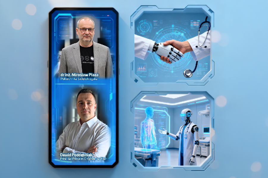 Grafika promująca wydarzenie Echo Nauki w Galerii Echo – robot i dłoń ludzka w geście współpracy.