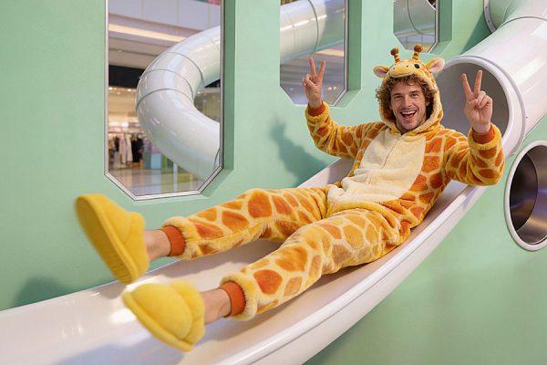 Osoba w kolorowym stroju żyrafy korzystająca ze zjeżdżalni w Galerii Echo podczas wydarzenia Echo Slide Challenge.