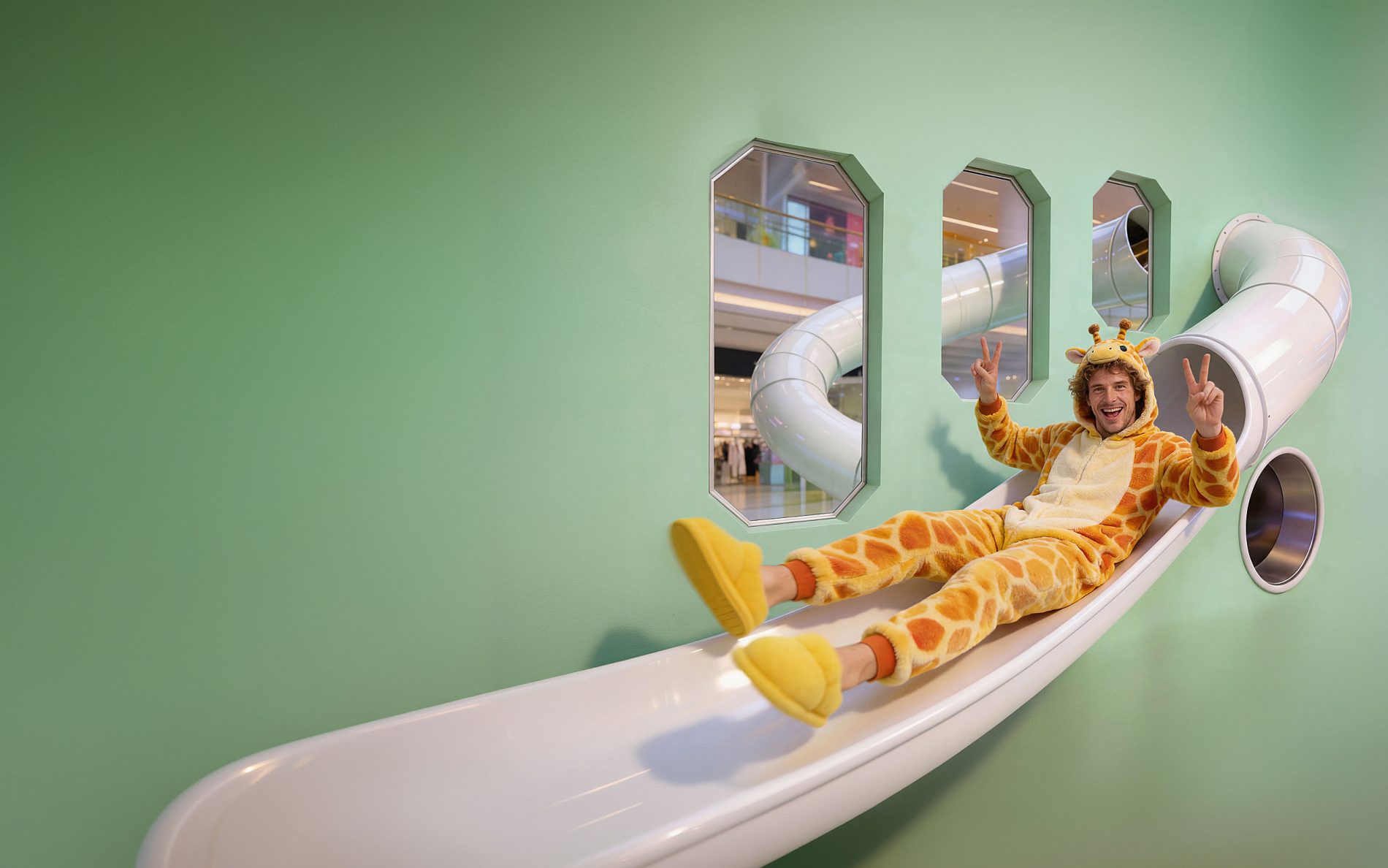 Osoba w kolorowym szlafroku zjeżdżająca ze zjeżdżalni w Galerii Echo podczas wydarzenia Echo Slide Challenge.