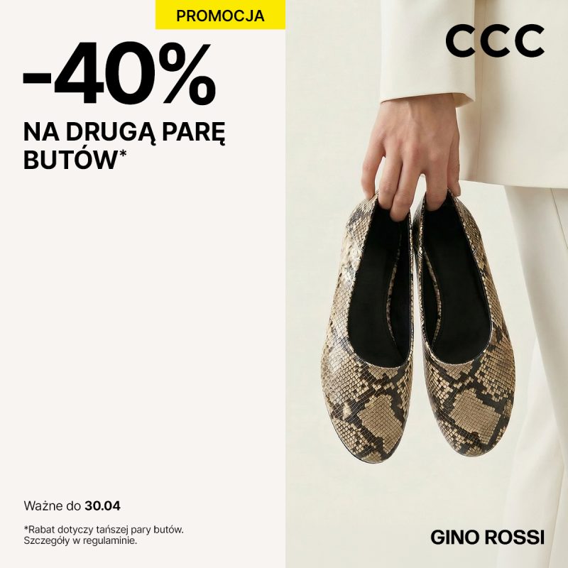 Eleganckie baleriny Gino Rossi trzymane w dłoni, promujące ofertę -40% na drugą parę butów w CCC Galeria Echo.