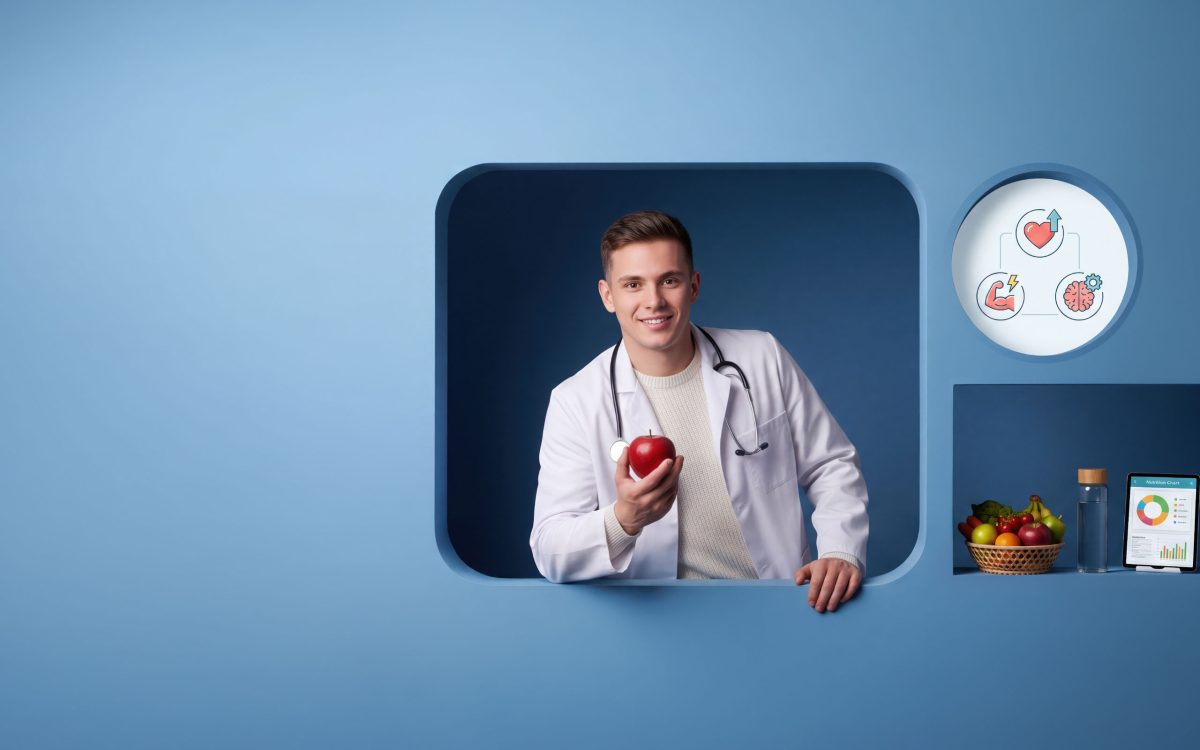 Uśmiechnięty mężczyzna w białym kitlu medycznym trzymający czerwone jabłko, zapraszający na bezpłatne badania profilaktyczne „Zdrowie pod Kontrolą” w kieleckiej Galerii Echo.