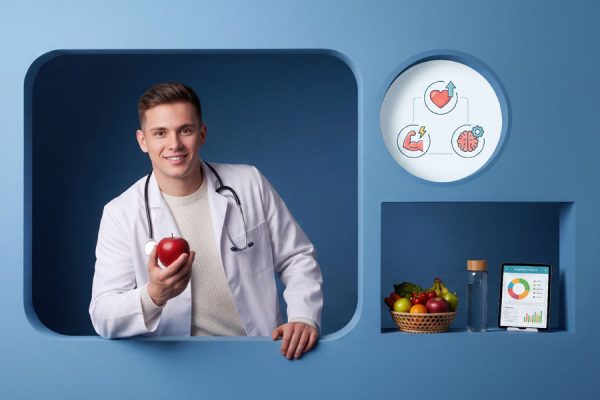 Grafika promująca wydarzenie Zdrowie pod Kontrolą w Kielcach z ikonami serca, mięśni i mózgu.