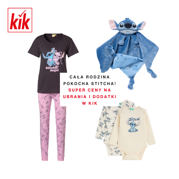Zdjęcie prezentujące asortyment marki KiK z licencją Disney (Stitch), w tym odzież dziecięcą i dodatki.