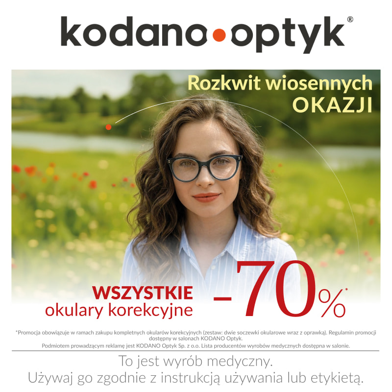 Grafika promocyjna salonu Kodano Optyk informująca o rabacie do −70% na wszystkie okulary korekcyjne; na zdjęciu kobieta w okularach stoi na tle wiosennego krajobrazu z zielenią i kwiatami.