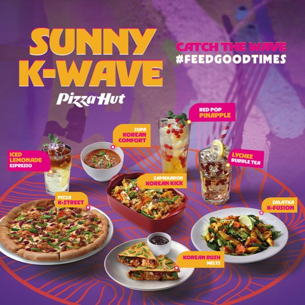 Zestaw dań z menu Sunny K-Wave w Pizza Hut – pizza i kurczaki w sosie.