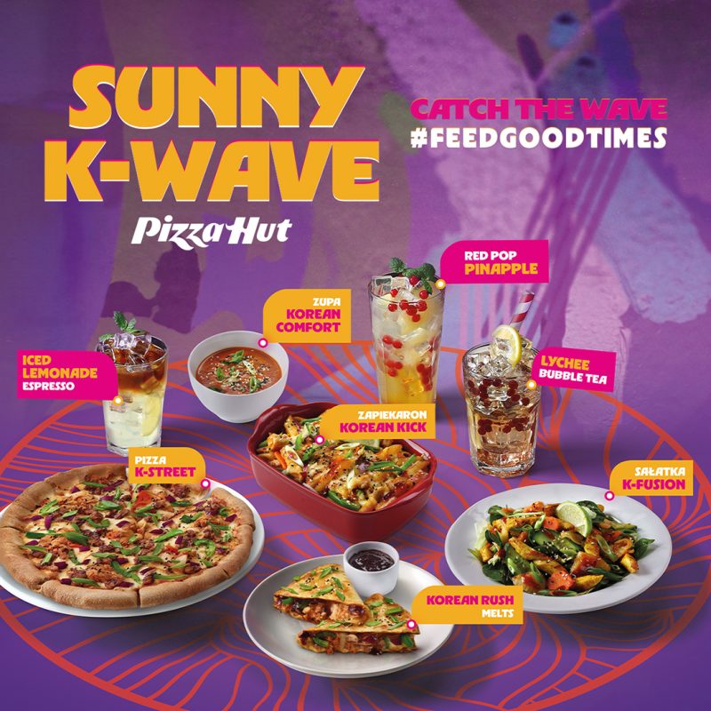 Zestaw dań z menu Sunny K-Wave w Pizza Hut – pizza i kurczaki w sosie.