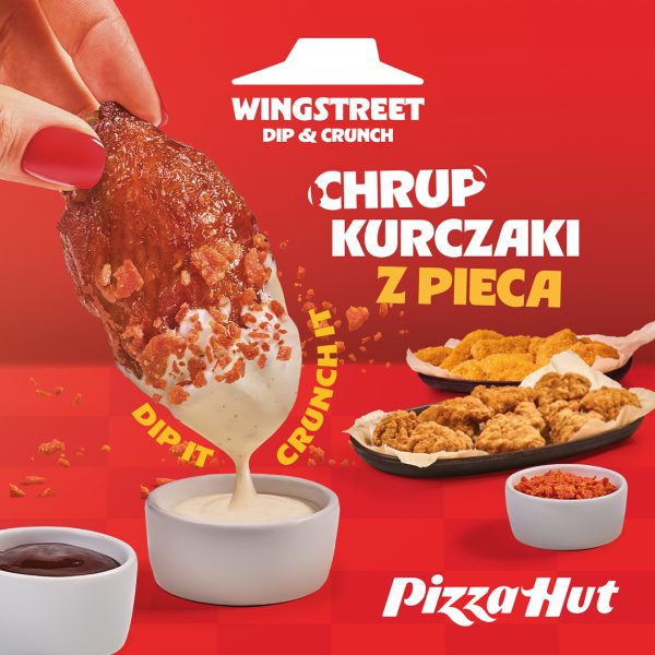 Grafika przedstawia zestaw pieczonych kurczaków WingStreet z dipami i chrupiącą posypką crunch.