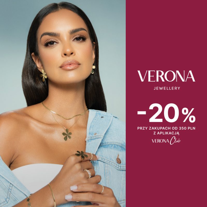 Grafika przedstawia kobietę, która ma na sobie biżuterię marki Verona. Po prawej stronie znajduje się informacja o zniżce -20% na biżuterię z aplikacją.