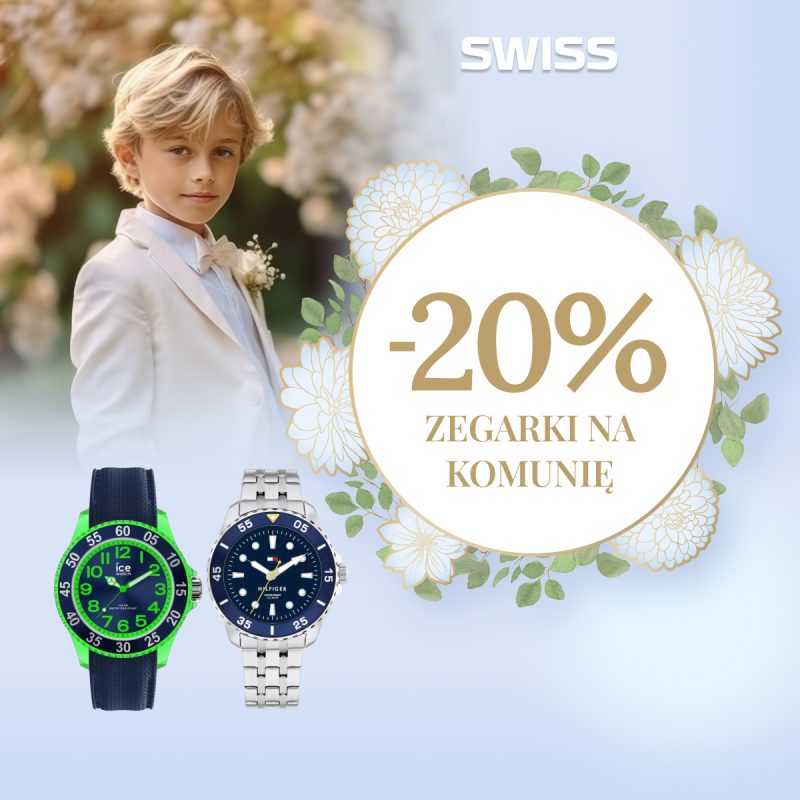 Grafika promocyjna salonu SWISS w Galerii Echo, promująca akcję -20% Zegarki na Komunię. Na zdjęciu widać chłopca z beżowym garniturze i dwa dziecięce zegarki.