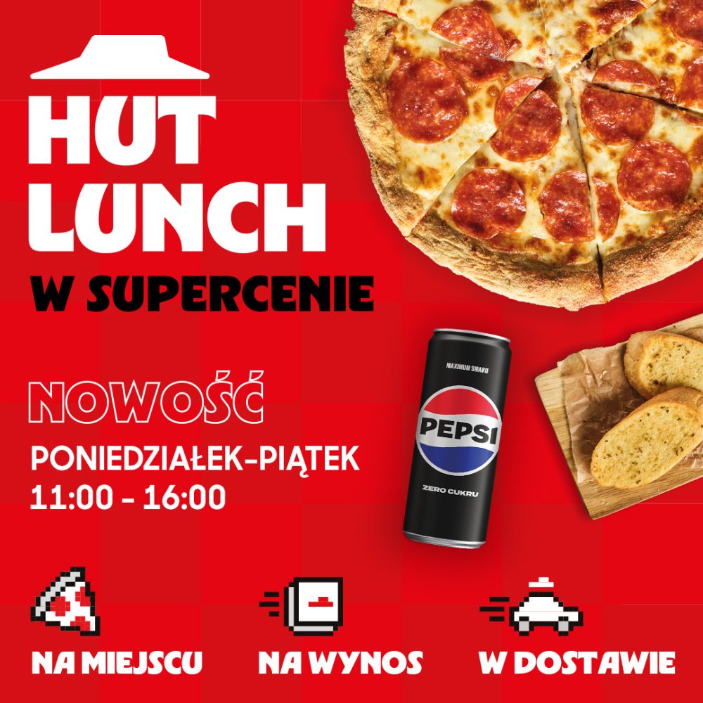Grafika promocyjna Hut Lunch w Pizza Hut Galeria Echo przedstawiająca pizzę pepperoni, napój Pepsi oraz pieczywo czosnkowe.