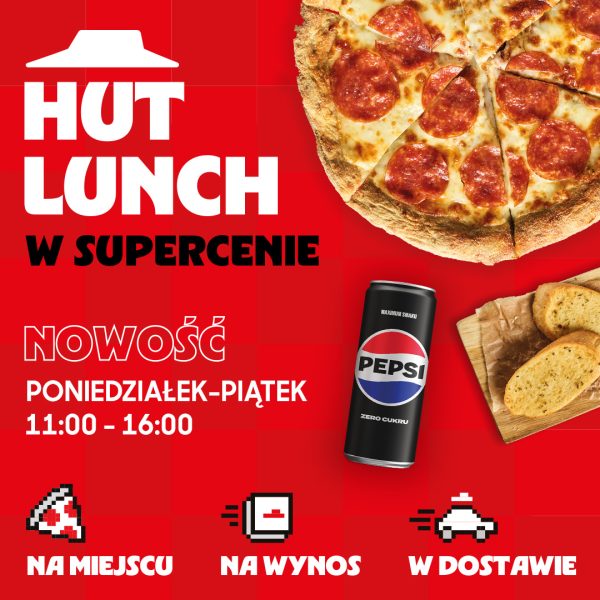 Grafika promocyjna Hut Lunch w Pizza Hut Galeria Echo przedstawiająca pizzę pepperoni, napój Pepsi oraz pieczywo czosnkowe.