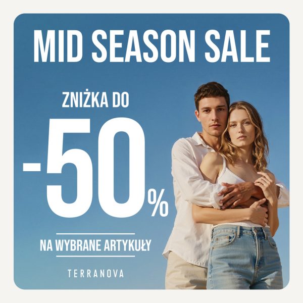 Kobieta i mężczyzna w jasnych ubraniach na tle błękitnego nieba – promocja Mid Season Sale w Terranova Galeria Echo.