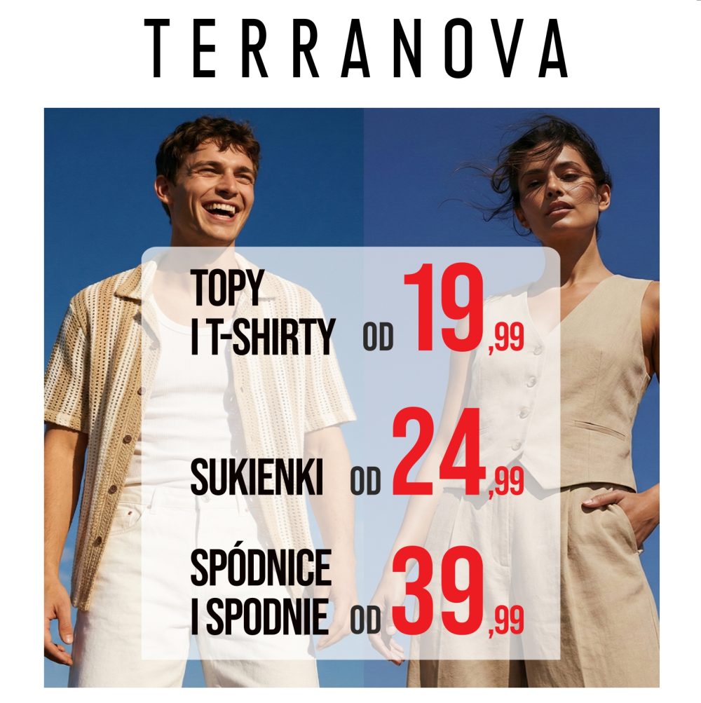 Baner marki odzieżowej z letnią promocją – po lewej uśmiechnięty mężczyzna w jasnym stroju, po prawej kobieta w beżowej sukience na tle nieba; na środku informacja o cenach: topy i t-shirty od 19,99, sukienki od 24,99 oraz spódnice i spodnie od 39,99.