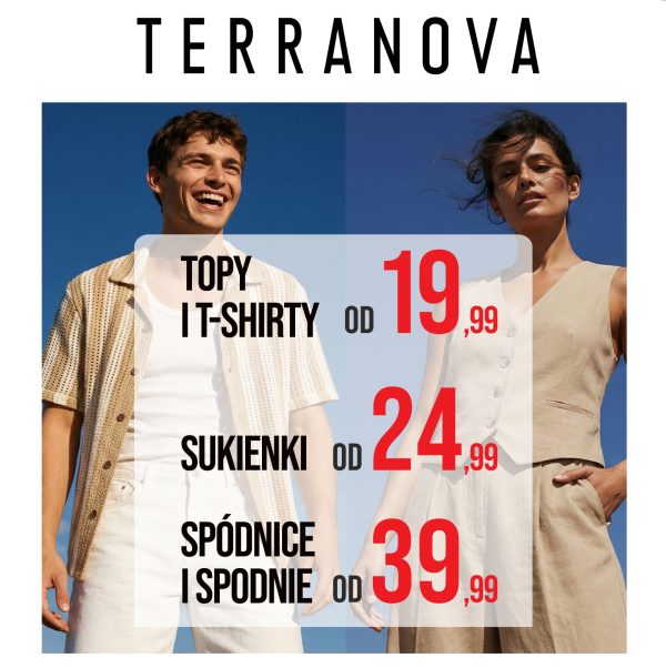 Baner marki odzieżowej z letnią promocją – po lewej uśmiechnięty mężczyzna w jasnym stroju, po prawej kobieta w beżowej sukience na tle nieba; na środku informacja o cenach: topy i t-shirty od 19,99, sukienki od 24,99 oraz spódnice i spodnie od 39,99.