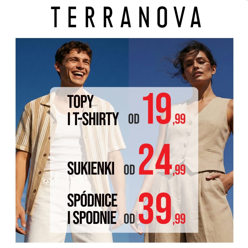 Baner marki odzieżowej z letnią promocją – po lewej uśmiechnięty mężczyzna w jasnym stroju, po prawej kobieta w beżowej sukience na tle nieba; na środku informacja o cenach: topy i t-shirty od 19,99, sukienki od 24,99 oraz spódnice i spodnie od 39,99.