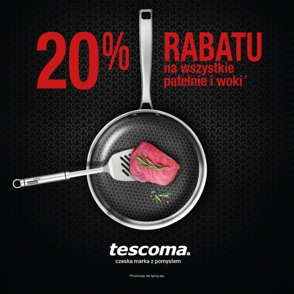 Grafika promocyjna w kolorze czarnym Tescoma, na zdjęciu znajduje się patelnia, a na niej widać steka. Informacja o 20% rabatu na patelnie i woki.