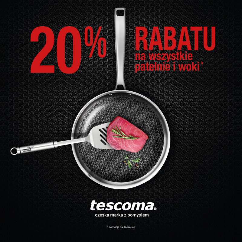 Grafika promocyjna w kolorze czarnym Tescoma, na zdjęciu znajduje się patelnia, a na niej widać steka. Informacja o 20% rabatu na patelnie i woki.