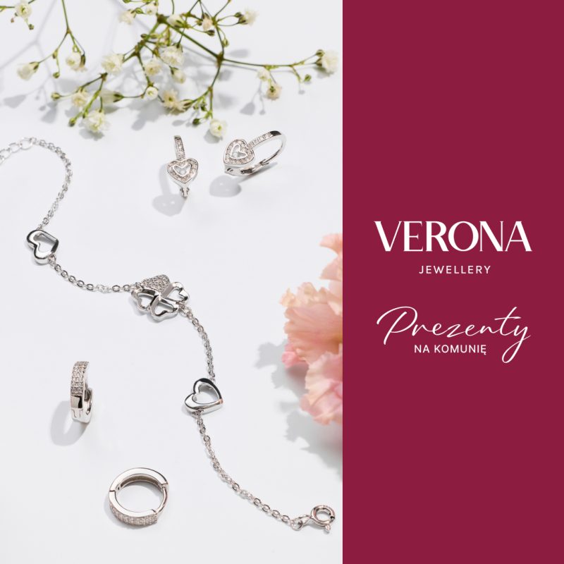 Zdjęcie produktowe biżuterii komunijnej prezentujące ofertę salonu Verona.