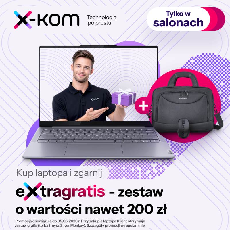 Grafika promocyjna salonu x-kom informująca o darmowych gratisach (torba i myszka) do każdego zakupionego laptopa do 5 maja 2026.