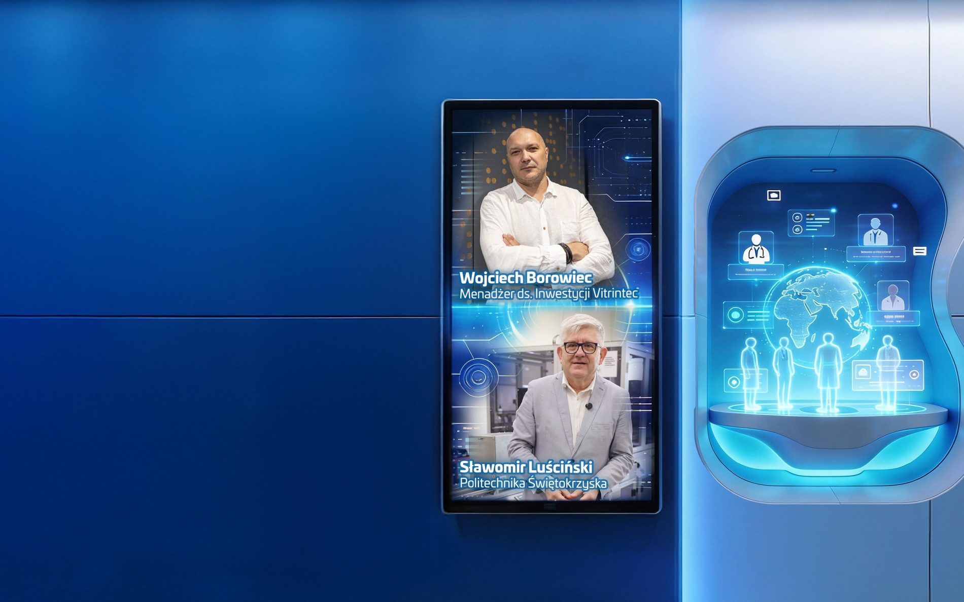 Materiał promocyjny ukazuje ekspertów ze świata biznesu i nauki zaangażowanych w projekt „Echo Nauki” realizowany w Galerii Echo. Kompozycja łączy realistyczne zdjęcia prelegentów z zaawansowanymi wizualizacjami 3D, symbolizującymi globalny rozwój i innowacje w karierze zawodowej.