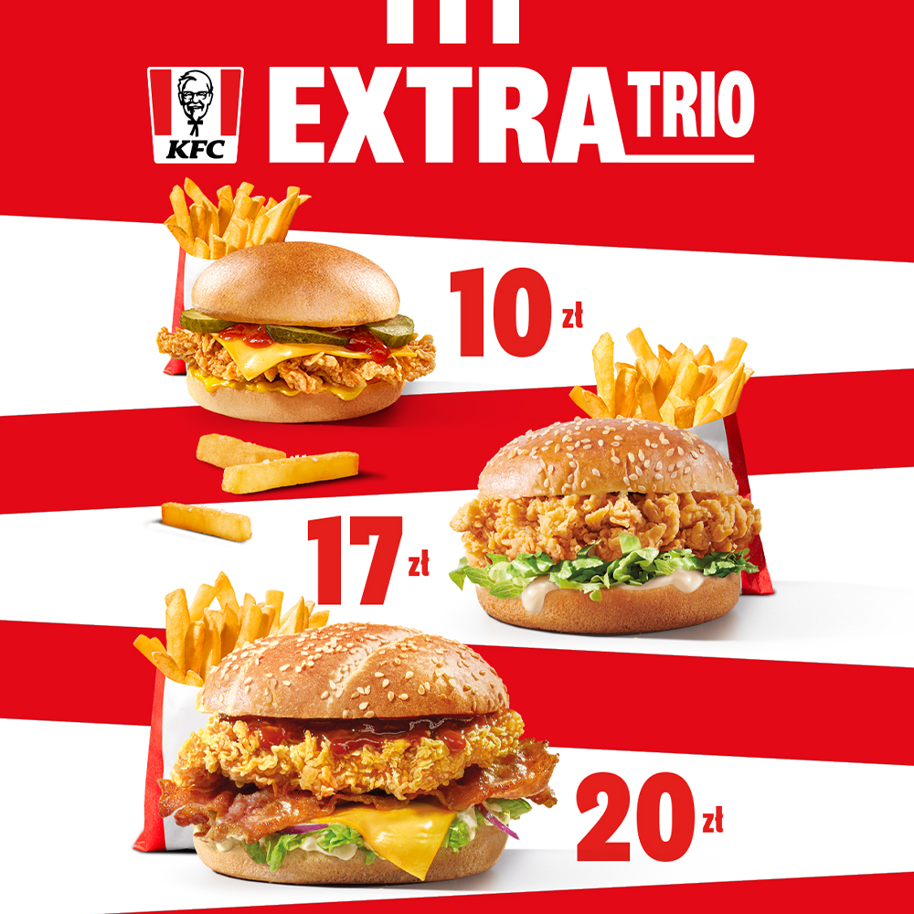 Grafika promocyjna KFC przedstawiająca ofertę „EXTRA TRIO” z trzema burgerami z kurczakiem i frytkami na czerwono-białym tle. Na grafice widoczne są ceny zestawów: 10 zł, 17 zł i 20 zł.