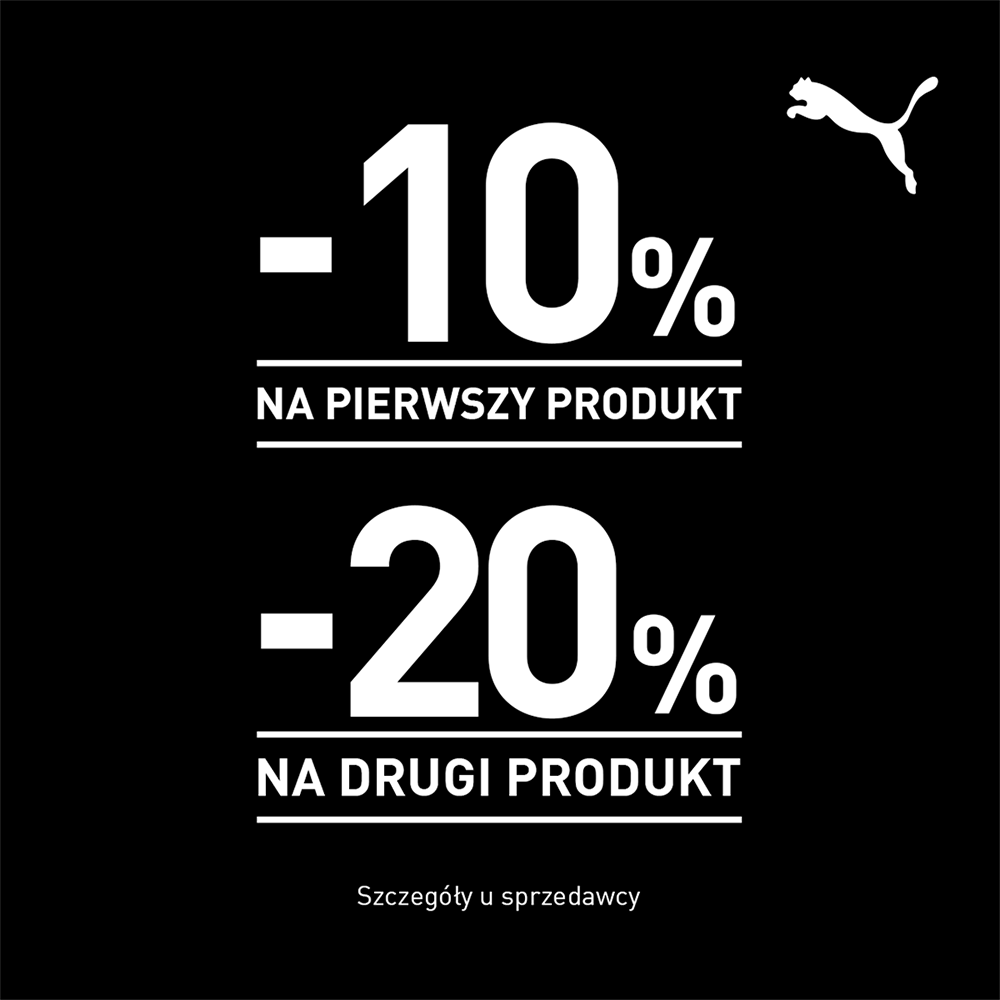 Grafika reklamowa marki Puma ma minimalistyczną, czarno-białą formę i przedstawia informacje o stopniowanej promocji. Na czarnym tle wyeksponowano duże napisy informujące o rabatach „-10% NA PIERWSZY PRODUKT” oraz „-20% NA DRUGI PRODUKT”, a w prawym górnym rogu umieszczono białe logo z drapieżnym kotem.