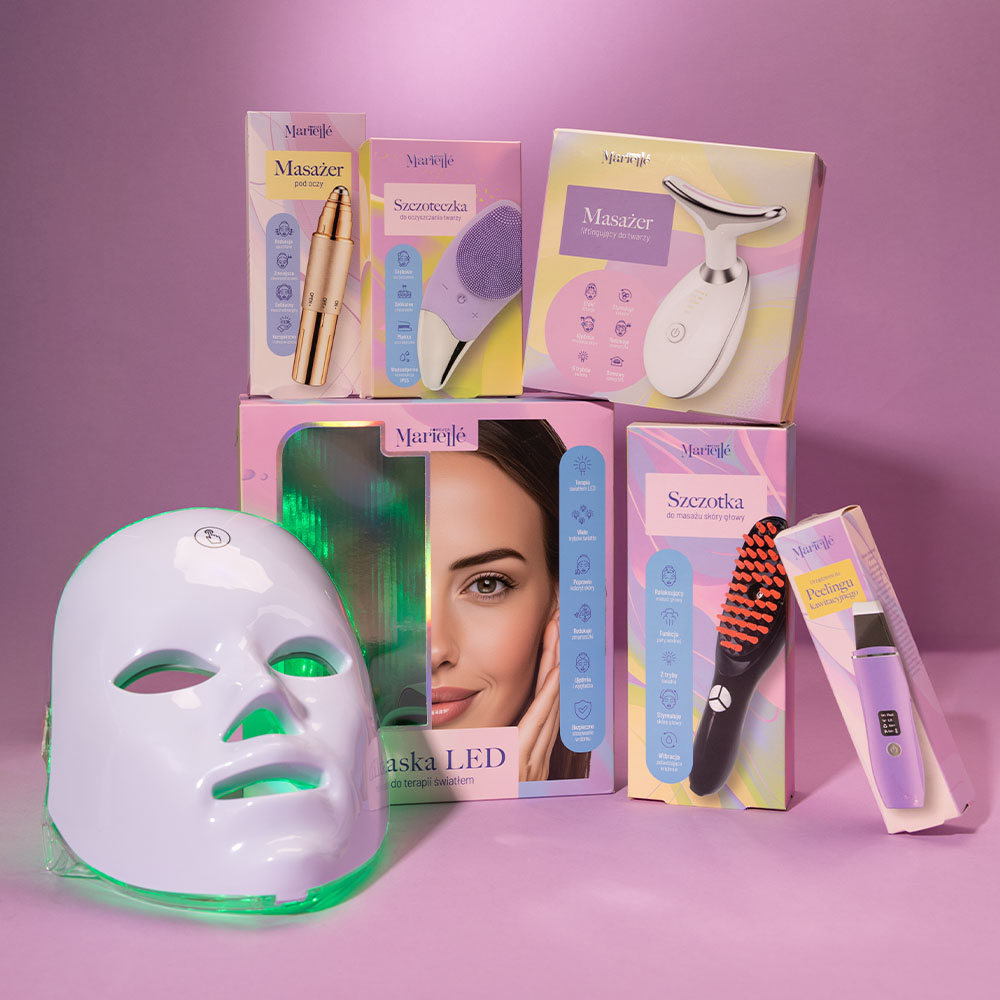 Pastelowa grafika promocyjna przedstawiająca akcesoria beauty marki Marielle, w tym maskę LED do twarzy, masażery, szczoteczki do pielęgnacji oraz urządzenia do masażu skóry głowy na różowym tle.