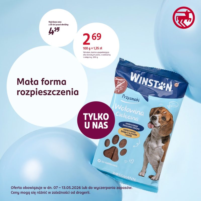 Grafika promocyjna drogerii Rossmann przedstawiająca karmę uzupełniającą dla psów marki Winston o smaku wołowiny i cielęciny. Na jasnoniebieskim tle widoczne jest opakowanie z wizerunkiem psa oraz informacją o cenie promocyjnej 2,69 zł i hasłem „Tylko u nas”.