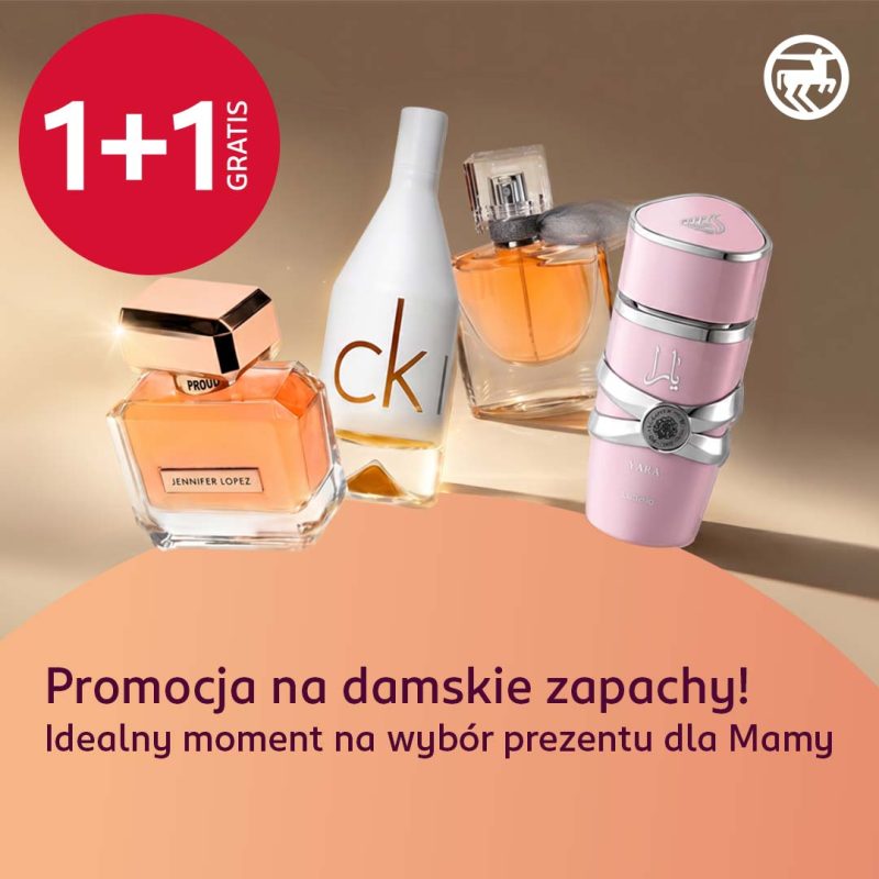 Grafika promocyjna przedstawiająca damskie perfumy objęte ofertą 1+1 gratis. Na beżowym tle widoczne są flakony różnych zapachów oraz hasło zachęcające do zakupu prezentu dla mamy.
