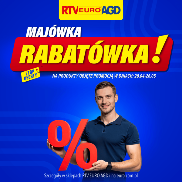 Baner promocyjny RTV Euro AGD z hasłem „Majówka Rabatówka” na niebieskim tle. Na grafice uśmiechnięty mężczyzna trzyma duży symbol procenta, a obok informacja o promocji obowiązującej od 28.04 do 26.05 oraz oznaczenie „Top oferty”.