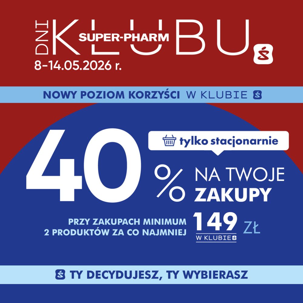 Grafika promocyjna Super-Pharm zapowiadająca Dni Klubu odbywające się w dniach 8–14 maja 2026 roku. Na czerwono-granatowym tle przedstawiono ofertę 40% rabatu na zakupy przy zakupie minimum dwóch produktów o łącznej wartości co najmniej 149 zł w Klubie Super-Pharm, obowiązującą wyłącznie w sklepach stacjonarnych.