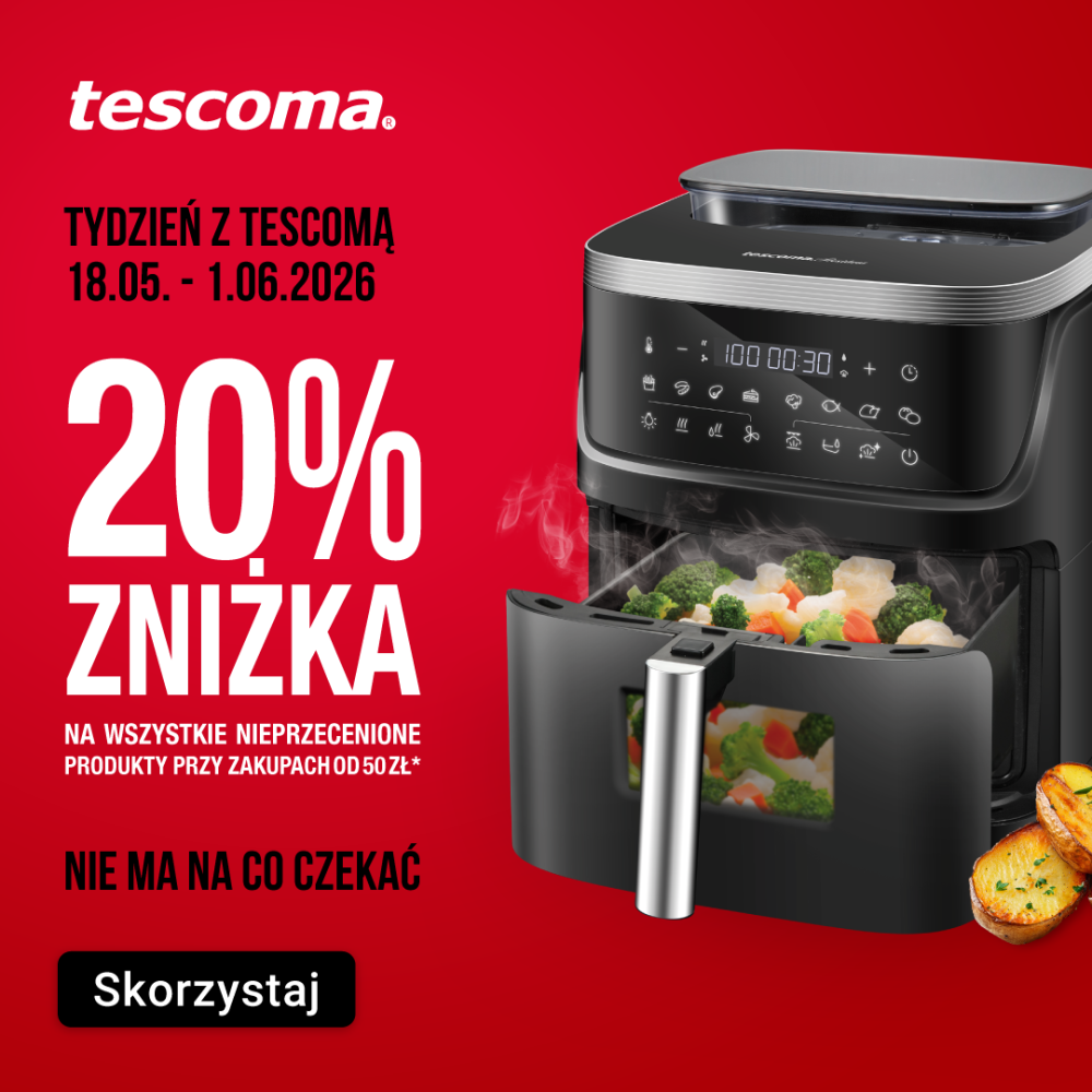 Grafika promocyjna marki Tescoma na czerwonym tle przedstawiająca frytkownicę beztłuszczową z warzywami oraz informację o 20% zniżki na nieprzecenione produkty przy zakupach od 50 zł. Na grafice widnieje także hasło „Tydzień z Tescomą” oraz termin promocji od 18 maja do 1 czerwca 2026 roku.