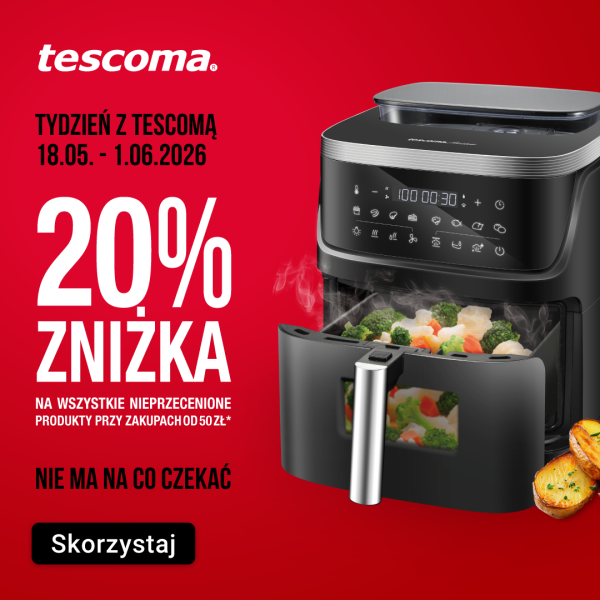 Grafika promocyjna marki Tescoma na czerwonym tle przedstawiająca frytkownicę beztłuszczową z warzywami oraz informację o 20% zniżki na nieprzecenione produkty przy zakupach od 50 zł. Na grafice widnieje także hasło „Tydzień z Tescomą” oraz termin promocji od 18 maja do 1 czerwca 2026 roku.