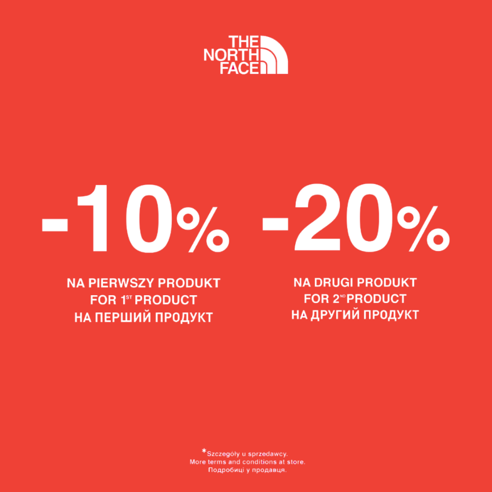 Grafika reklamowa marki The North Face przedstawia informacje o promocji wielorabatowej na jednolitym, czerwonym tle. W centralnej części umieszczono duże, białe napisy informujące o zniżkach „-10% NA PIERWSZY PRODUKT” oraz „-20% NA DRUGI PRODUKT” w trzech językach, a na samej górze widnieje logo firmy.