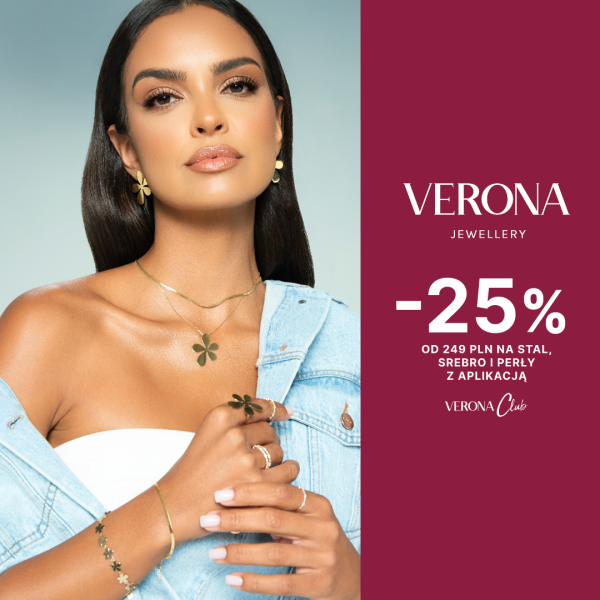 Grafika promocyjna Verona Jewellery przedstawiająca kobietę w jeansowej kurtce prezentującą złotą biżuterię z motywem kwiatów. Po prawej stronie znajduje się informacja o rabacie -25% na stal, srebro i perły przy zakupach od 249 zł z aplikacją Verona Club.
