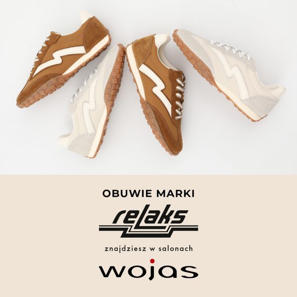 Zdjęcie przedstawia cztery pary sneakersów marki Wojas w kolorach brązowym i beżowym, ułożone naprzemiennie na jasnym tle. Dolna część grafiki zawiera logotypy marek Relaks oraz Wojas wraz z informacją o dostępności obuwia w salonach.