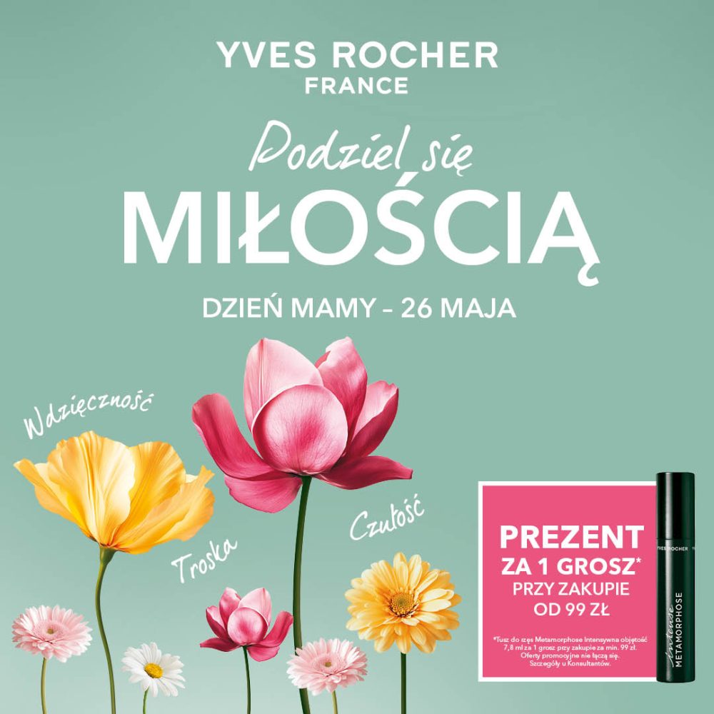 Kolorowe kwiaty i tusz do rzęs na miętowym tle Yves Rocher
