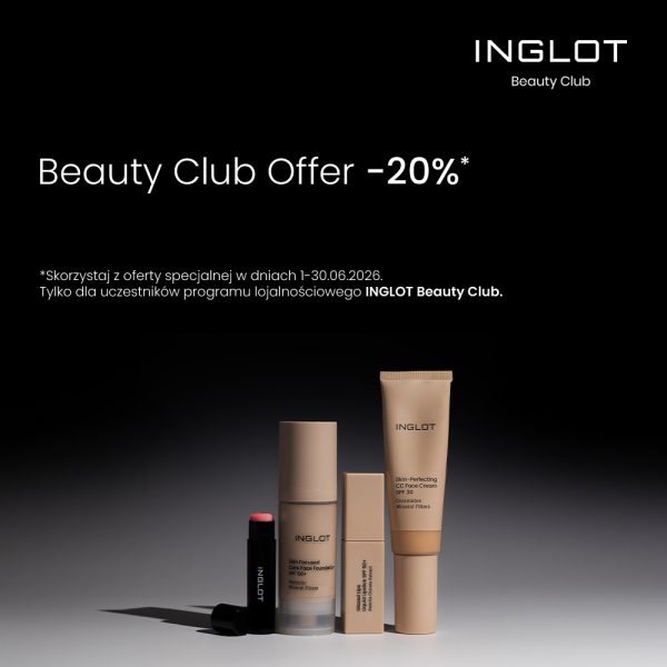 Plakat promocyjny z logotypem Inglot i napisem Beauty Club Offer, prezentujący profesjonalne produkty do makijażu i pielęgnacji cery pod błękitnym niebem