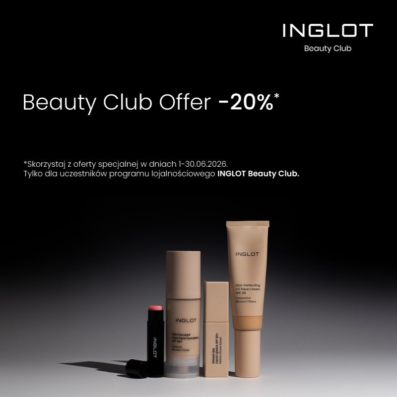 Plakat promocyjny z logotypem Inglot i napisem Beauty Club Offer, prezentujący profesjonalne produkty do makijażu i pielęgnacji cery pod błękitnym niebem